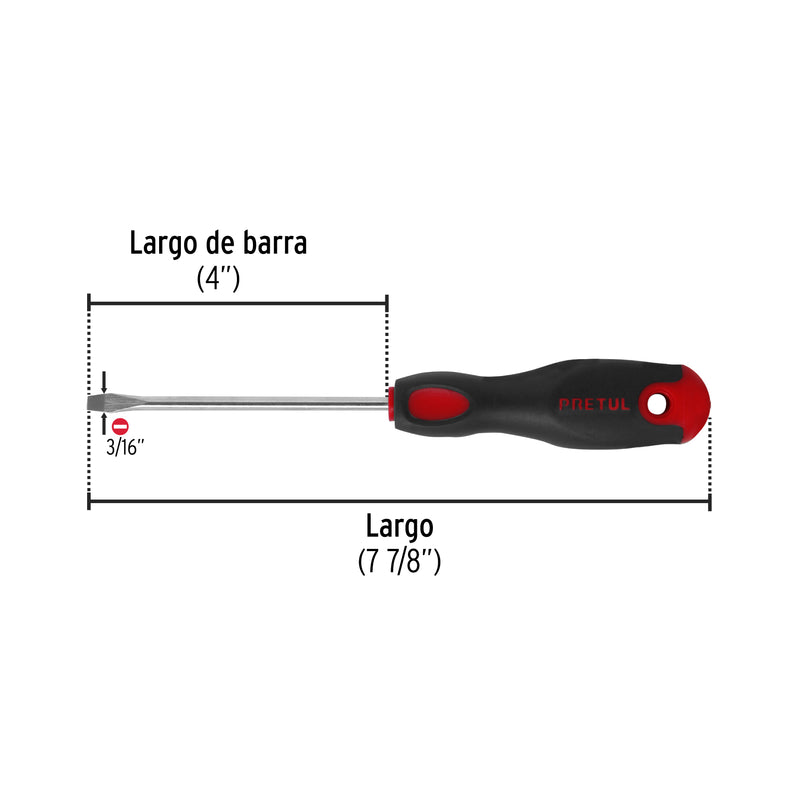 Desarmador plano, 3/16x4", mgo comfort grip, pretul