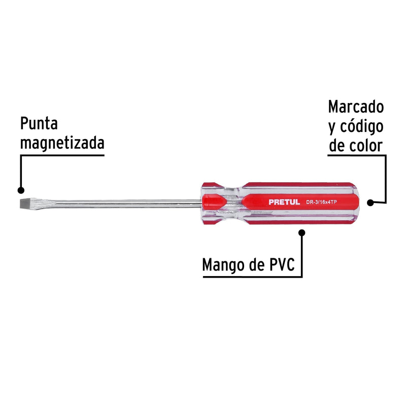 Desarmador plano, 3/16 x 4", mango pvc, pretul