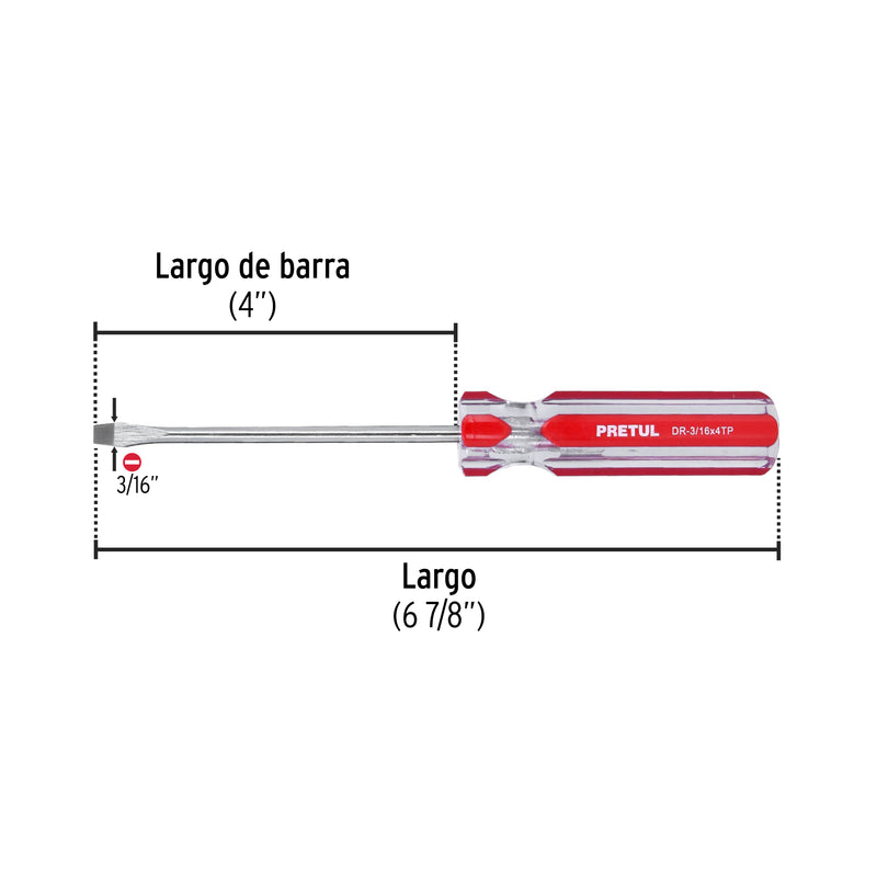 Desarmador plano, 3/16 x 4", mango pvc, pretul