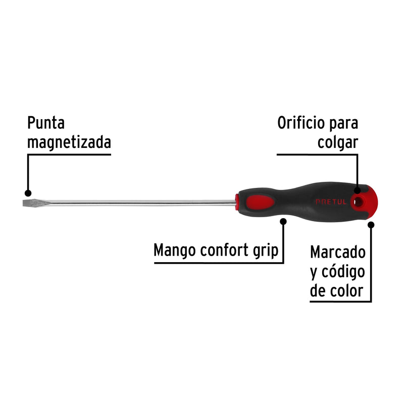 Desarmador plano, 3/16x6", mgo comfort grip, pretul