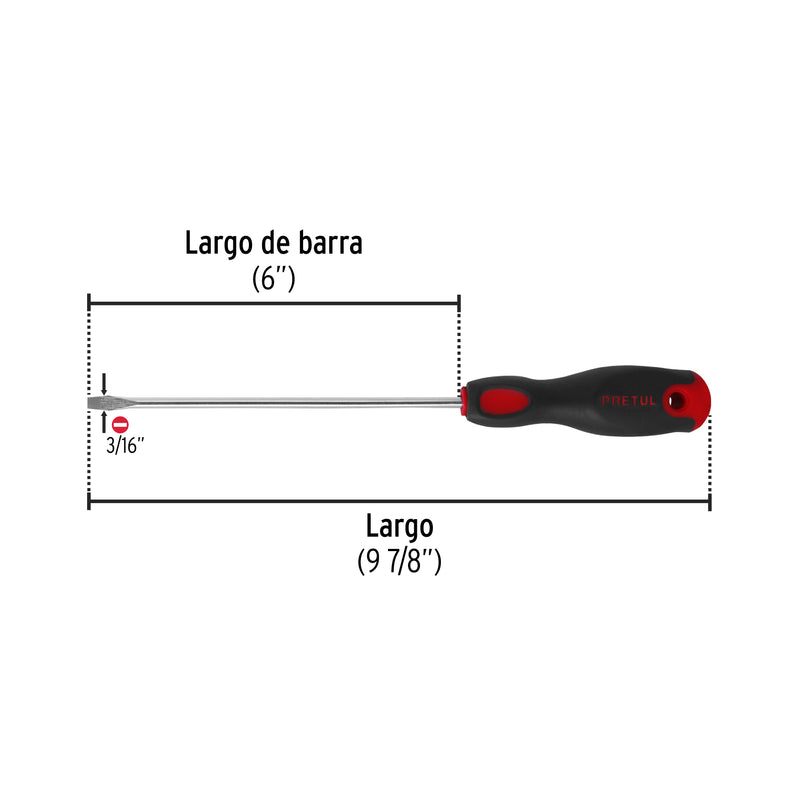 Desarmador plano, 3/16x6", mgo comfort grip, pretul