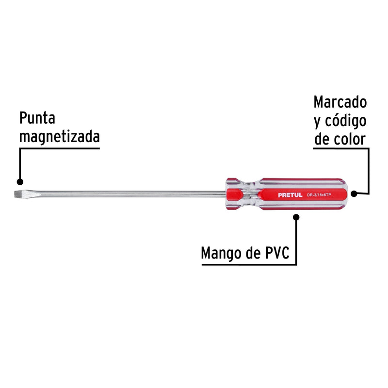 Desarmador plano, 3/16 x 6", mango pvc, pretul