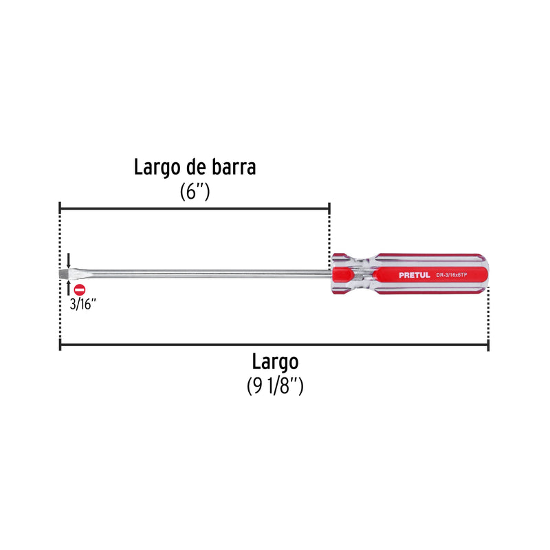 Desarmador plano, 3/16 x 6", mango pvc, pretul