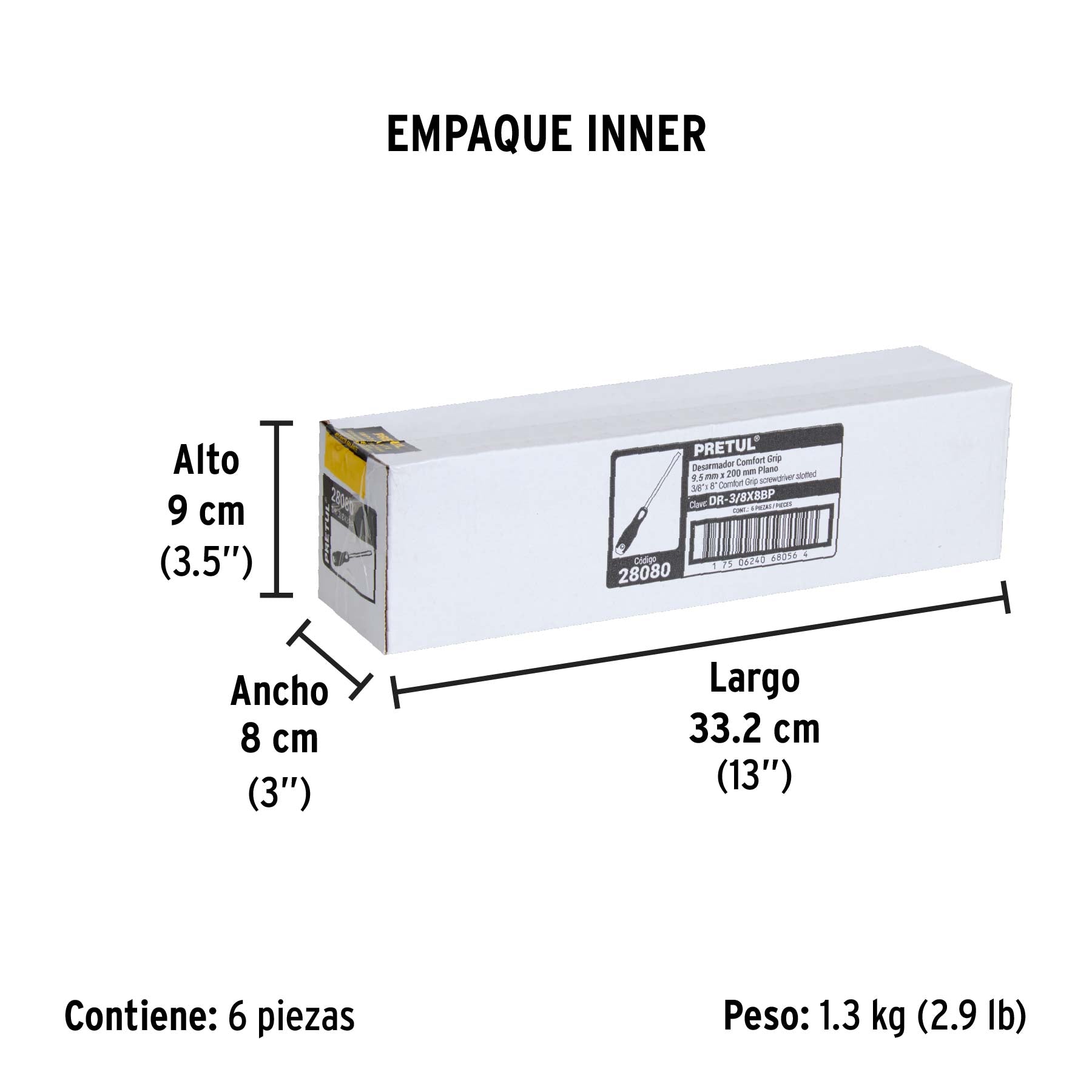 Desarmador plano, 3/8' x 8', mango Comfort Grip, Pretul