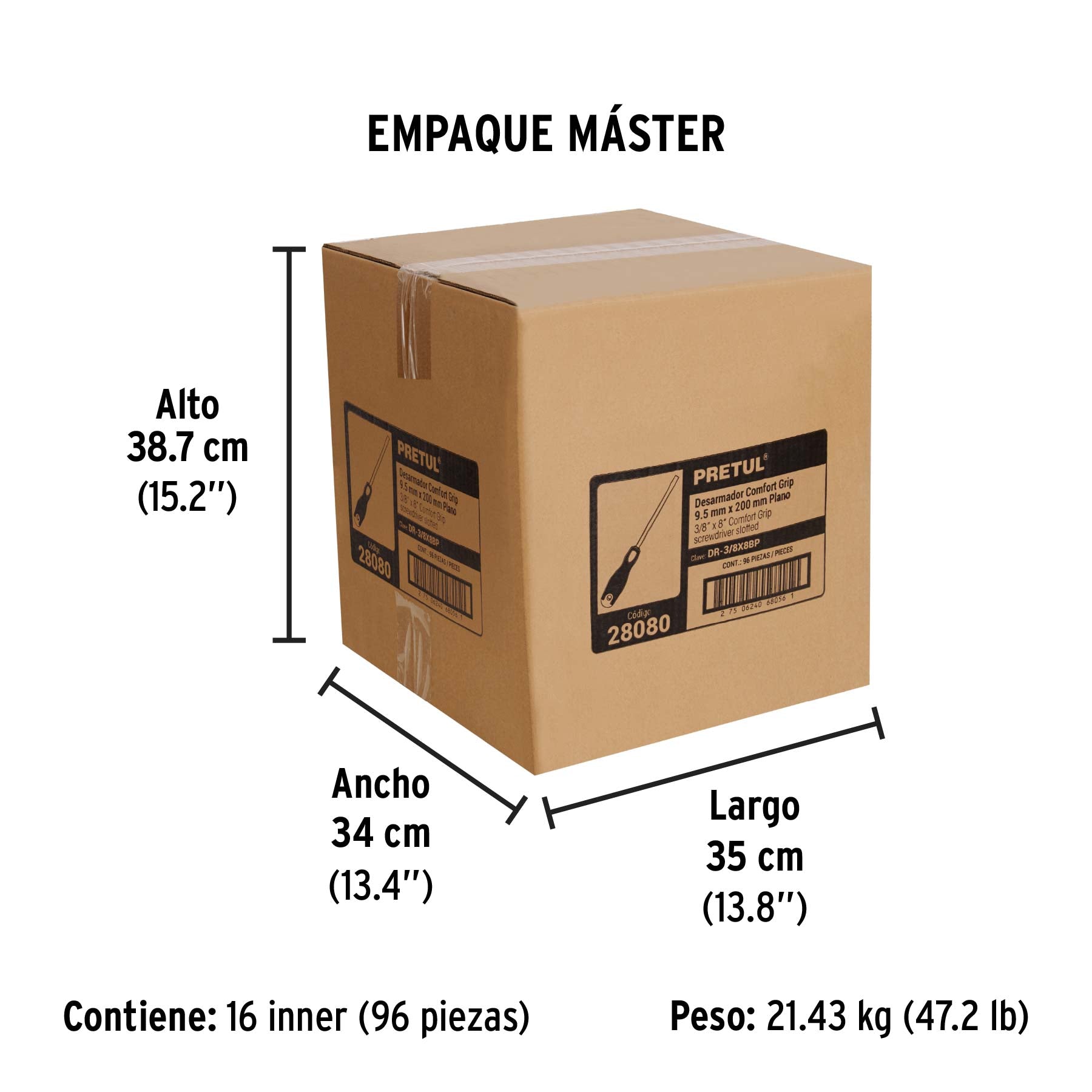 Desarmador plano, 3/8' x 8', mango Comfort Grip, Pretul