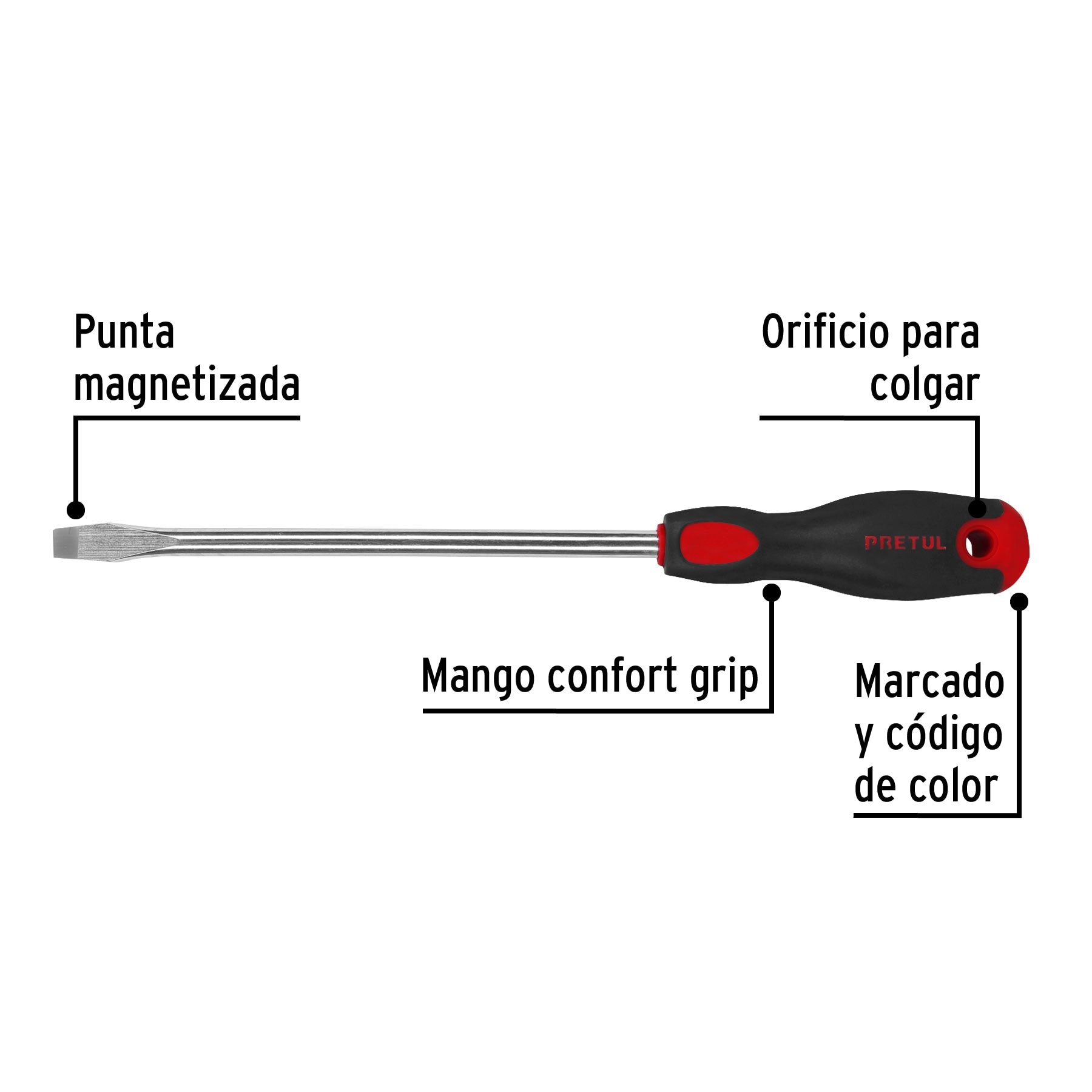 Desarmador plano, 3/8' x 8', mango Comfort Grip, Pretul