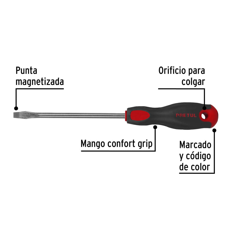 Desarmador plano, 5/16 x 6", mango comfort grip, pretul