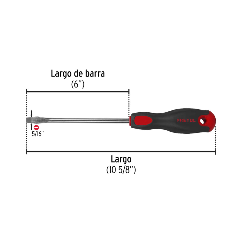 Desarmador plano, 5/16 x 6", mango comfort grip, pretul