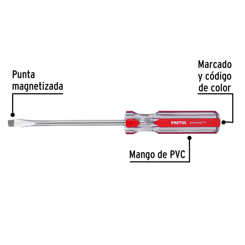 Desarmador plano, 5/16 x 6", mango pvc, pretul