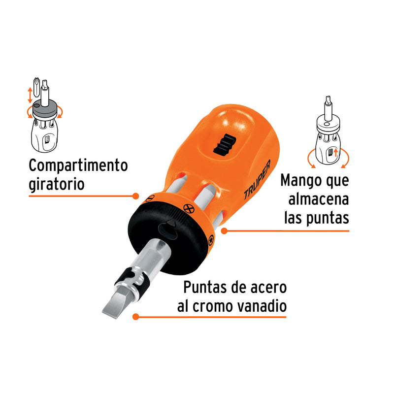 Desarmador tipo trompo con matraca, 6 puntas dobles, blister