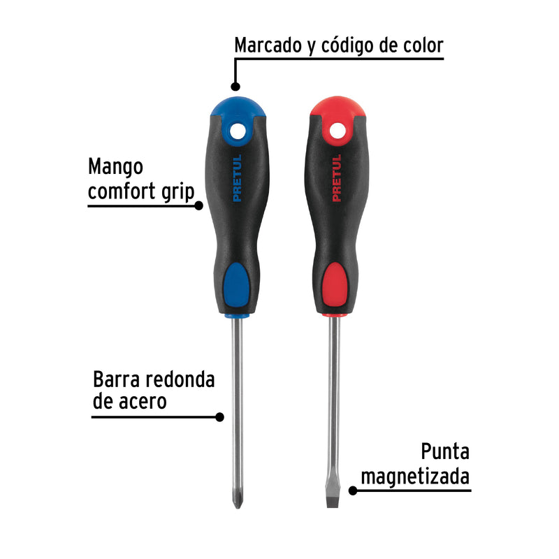 Duo de desarmadores, 1/4x4, mango comfort grip, pretul