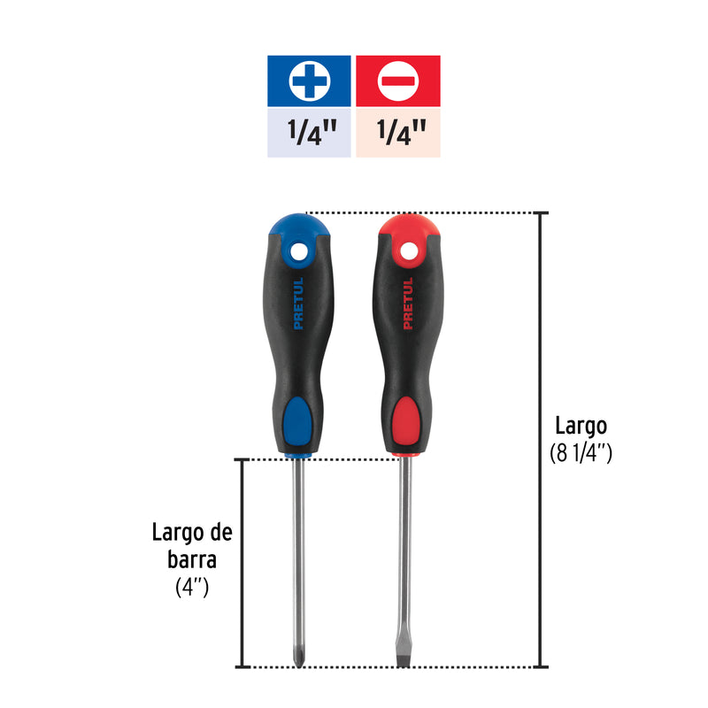 Duo de desarmadores, 1/4x4, mango comfort grip, pretul