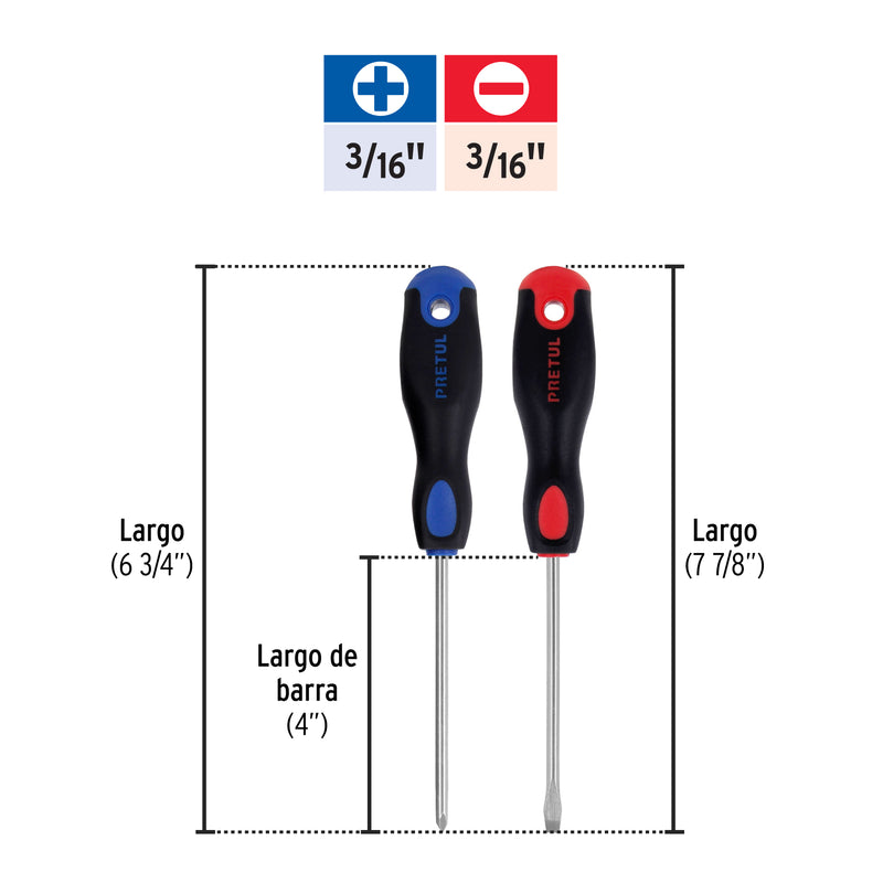 Duo de desarmadores, 3/16x4, mango comfort grip, pretul