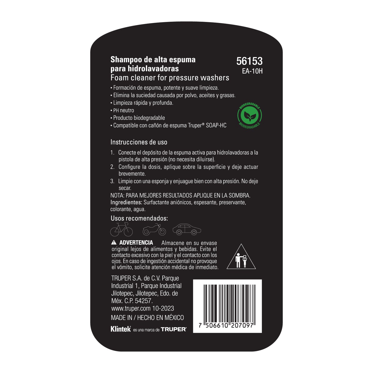 Shampoo alta espuma para hidrolavadora, 1 L, Klintek