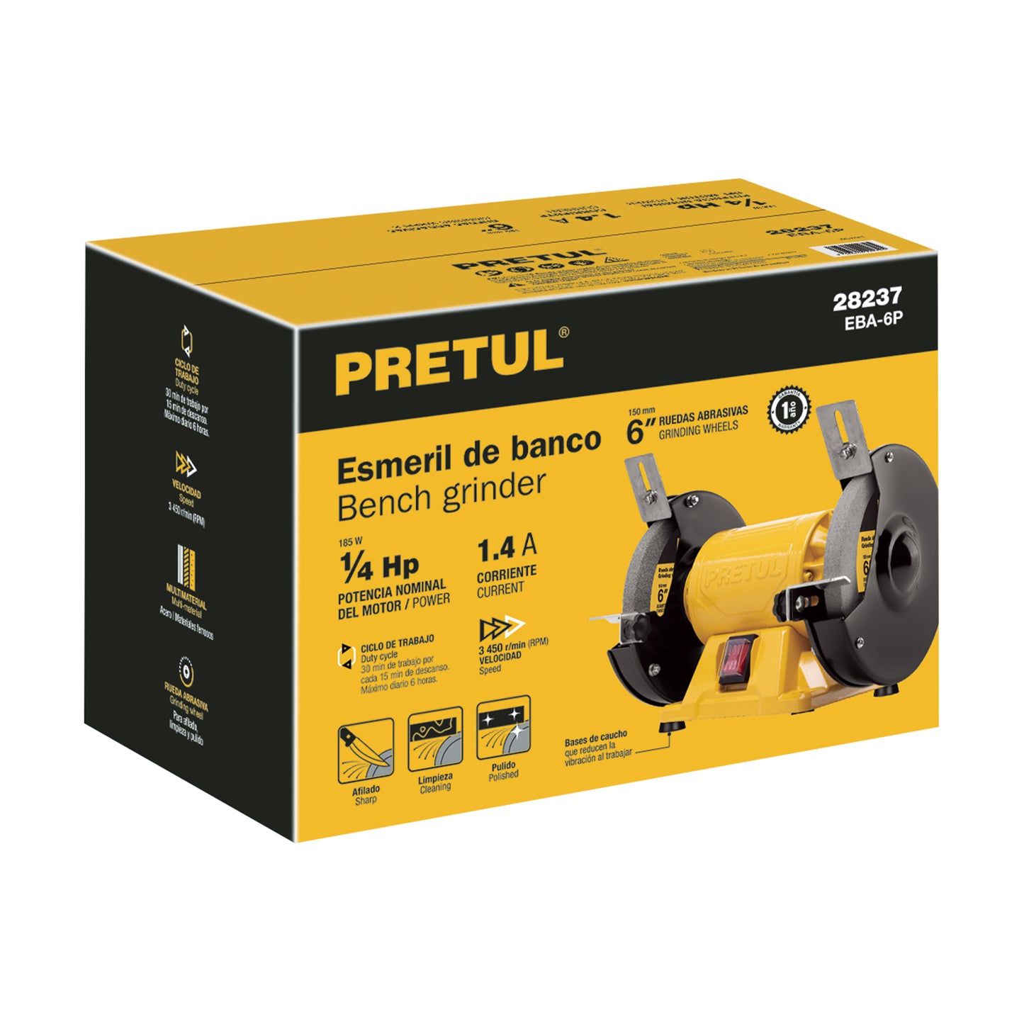 Esmeril de banco de 6' de 1/4 HP (185 W), Pretul