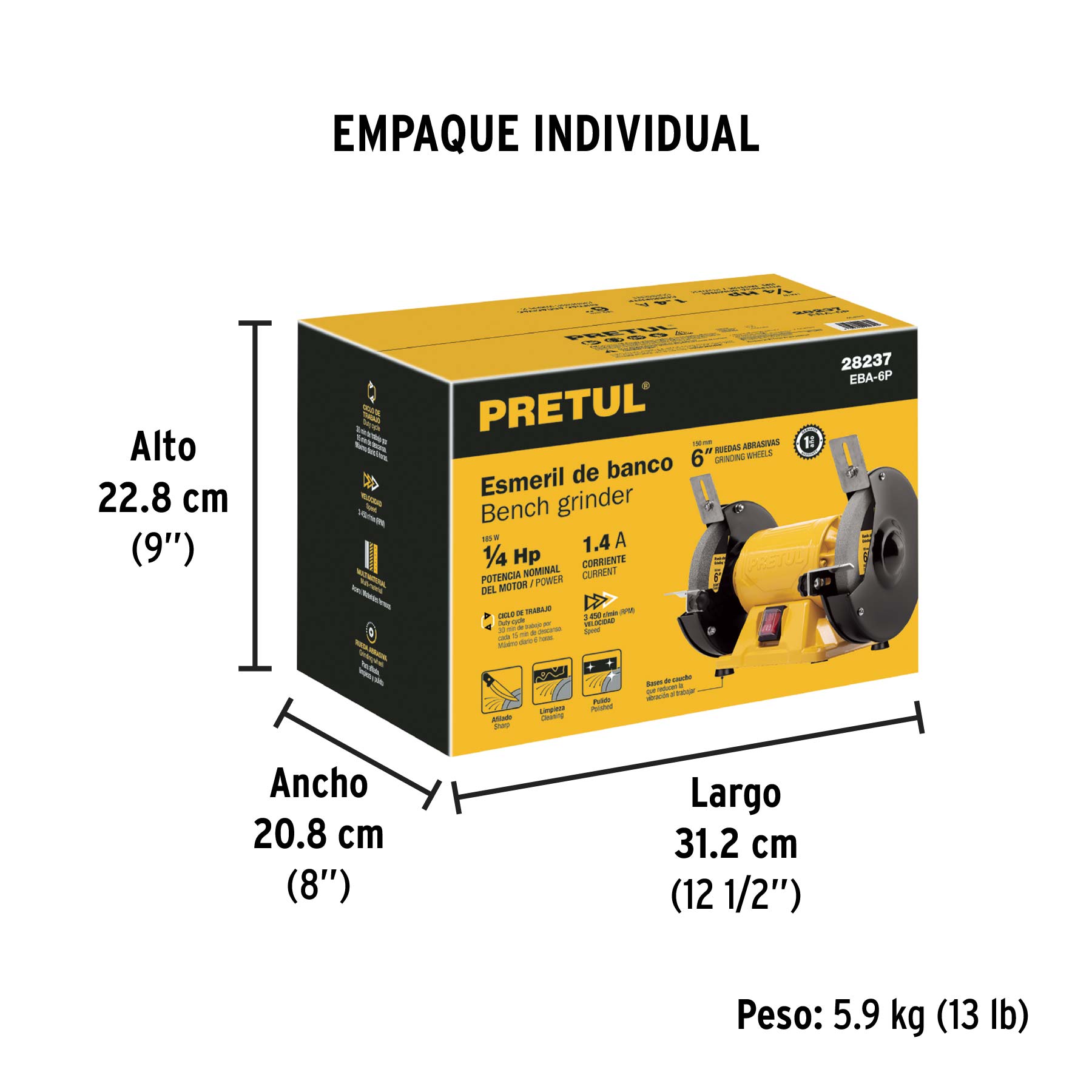 Esmeril de banco de 6' de 1/4 HP (185 W), Pretul
