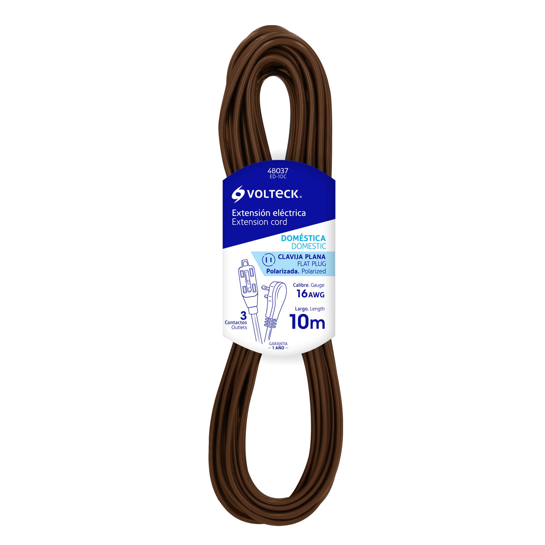 Extensión eléctrica doméstica, 10 m, café, Volteck