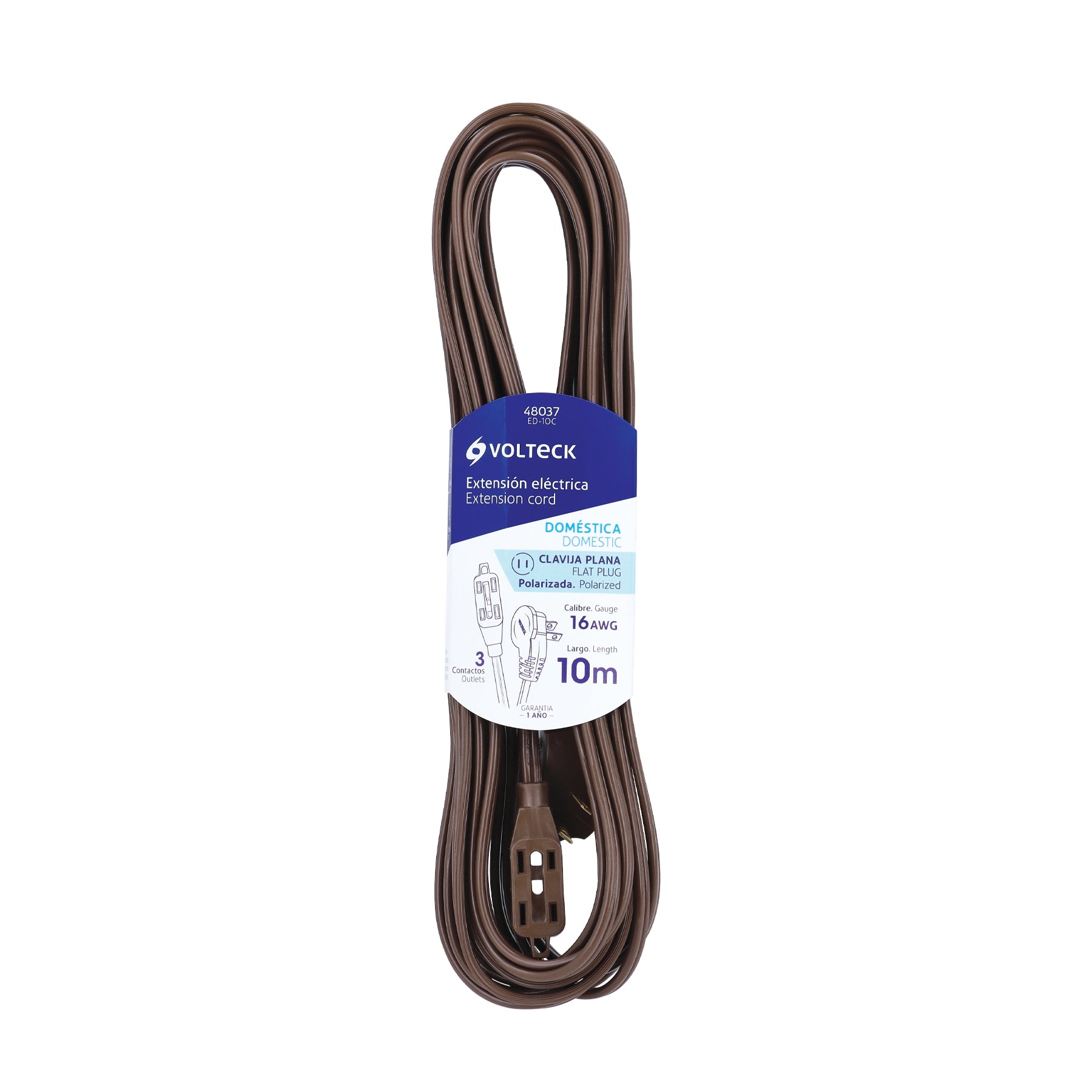 Extensión eléctrica doméstica, 10 m, café, Volteck
