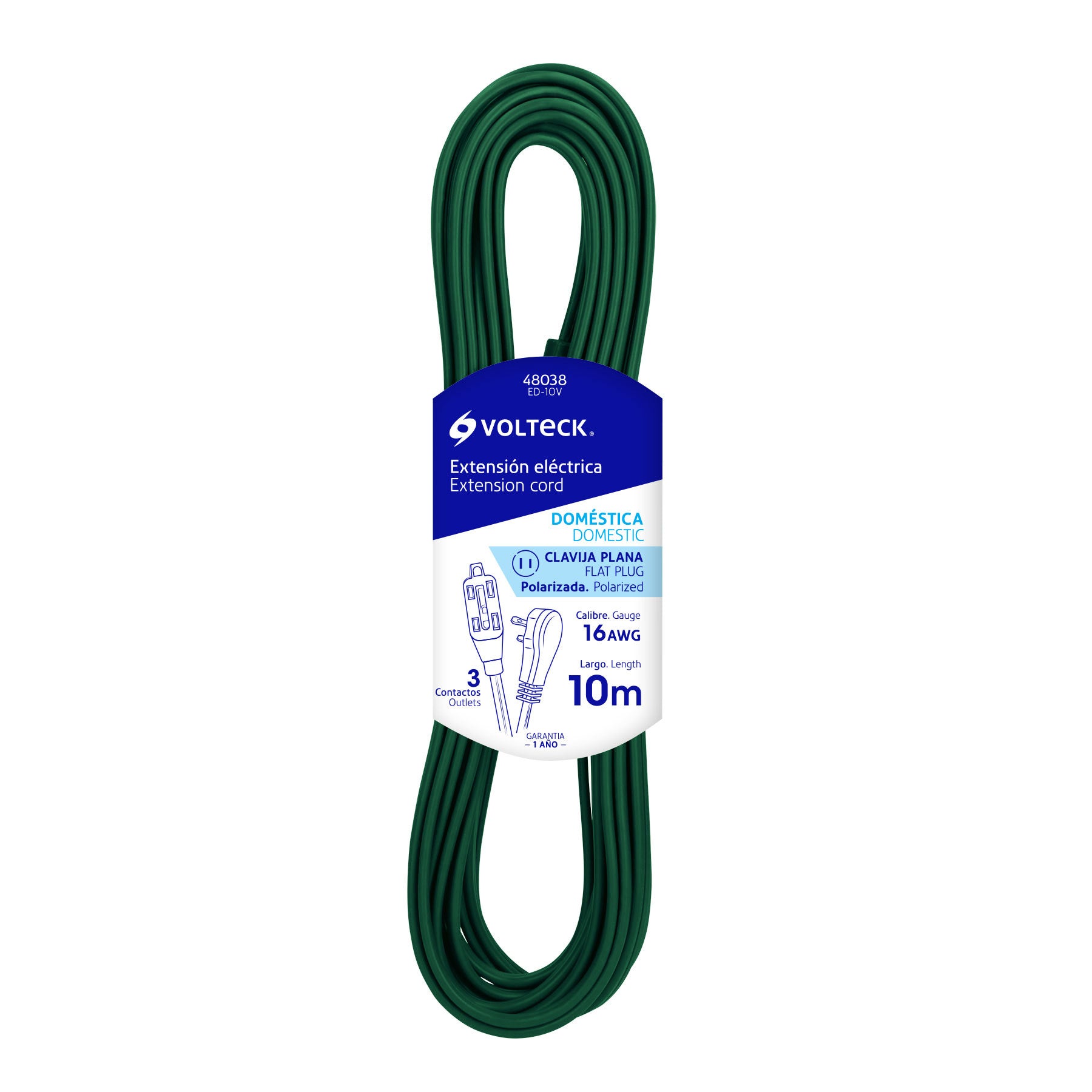 Extensión eléctrica doméstica, 10 m, verde, Volteck