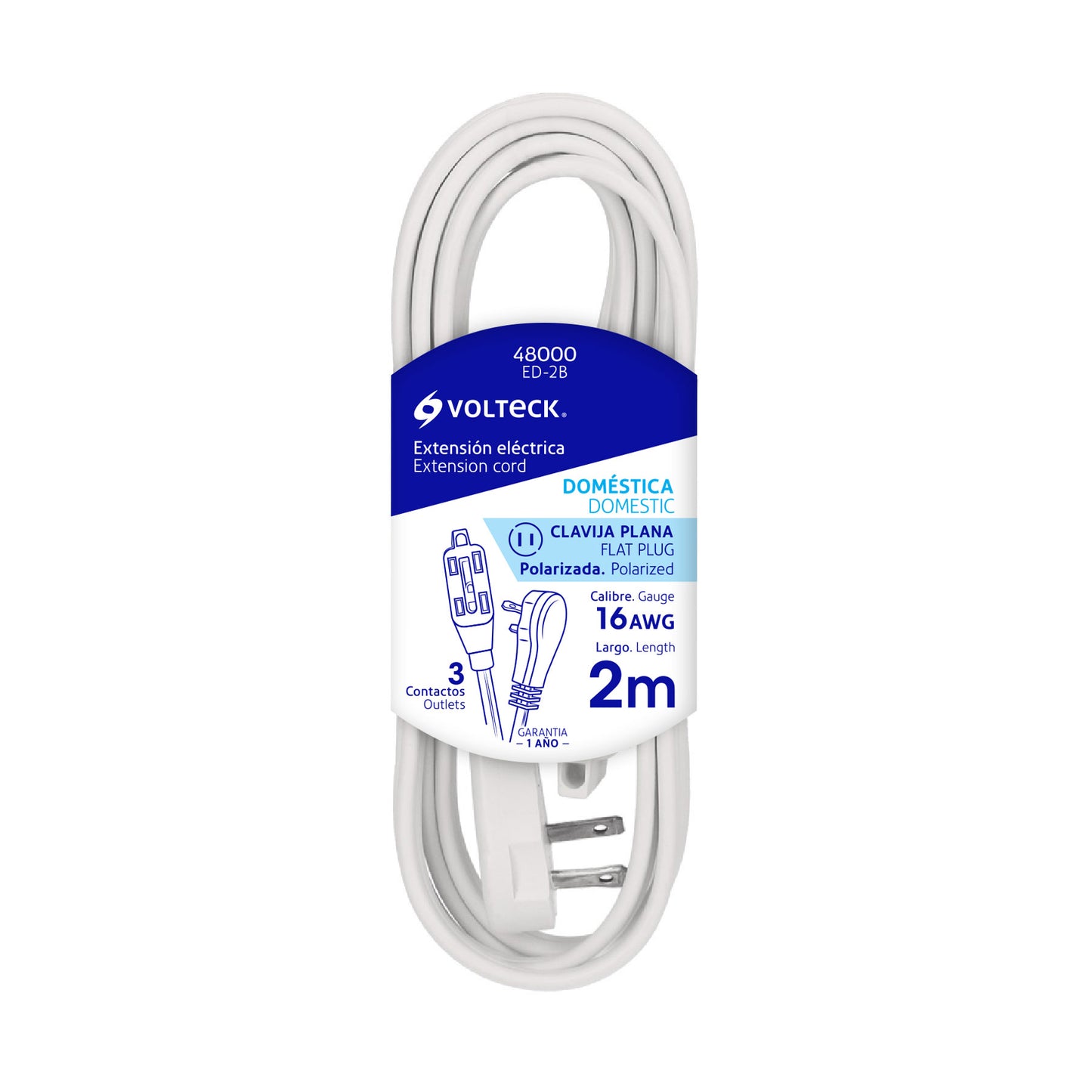 Extensión eléctrica doméstica, 2 m, blanca, Volteck