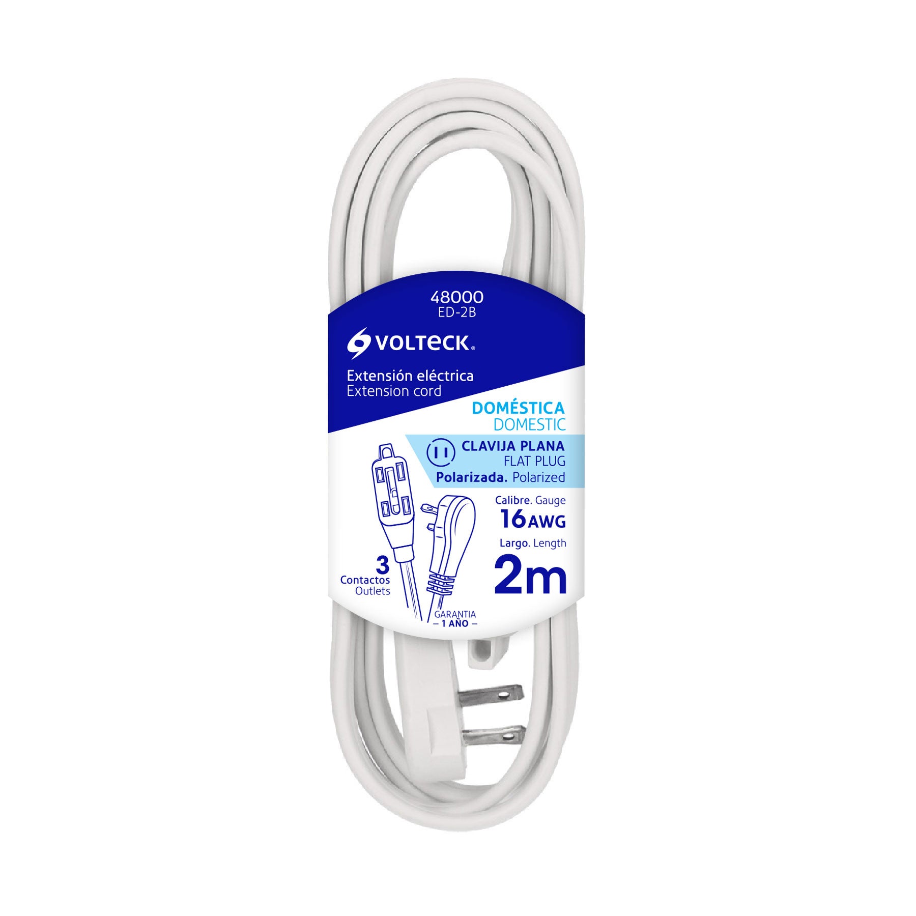 Extensión eléctrica doméstica, 2 m, blanca, Volteck