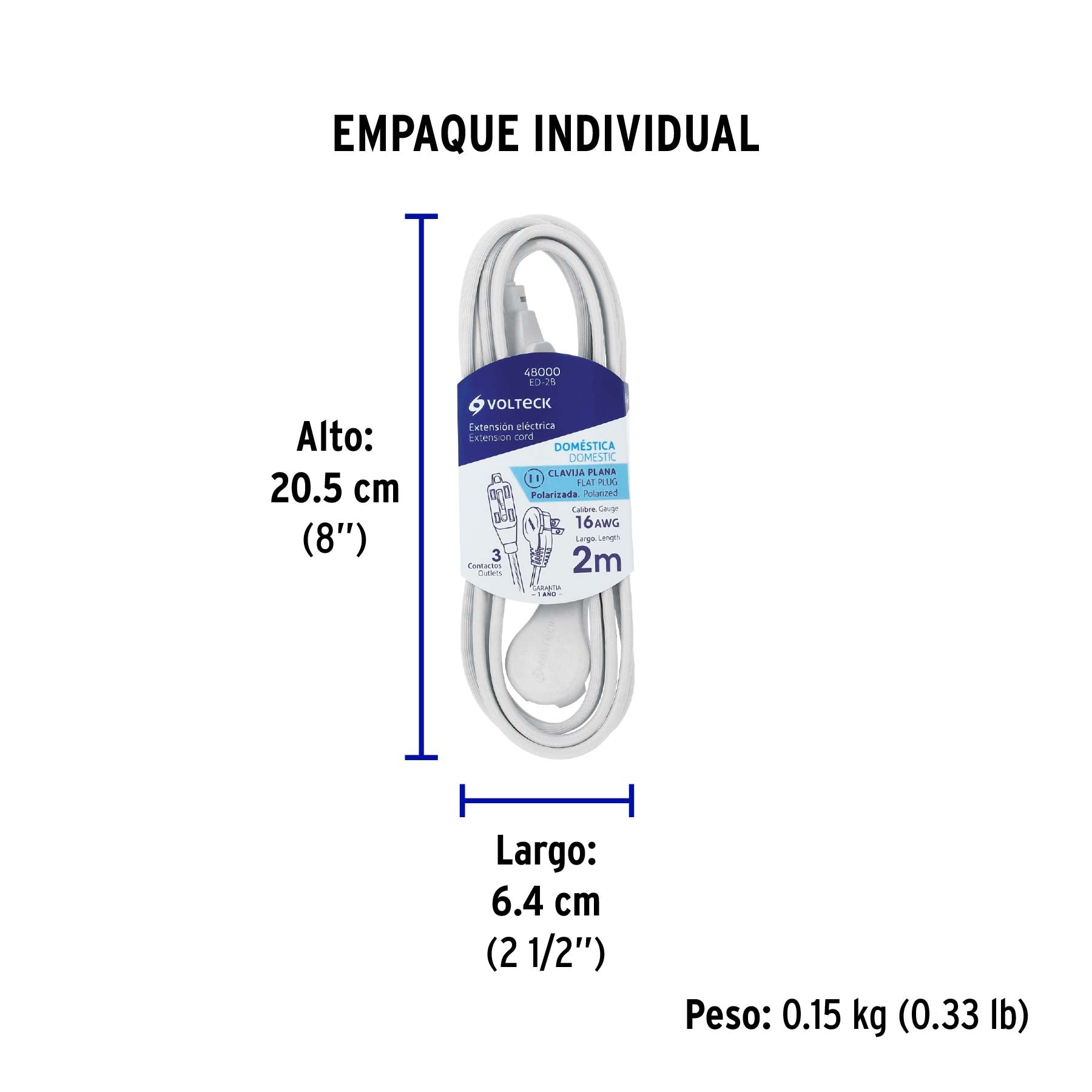 Extensión eléctrica doméstica, 2 m, blanca, Volteck