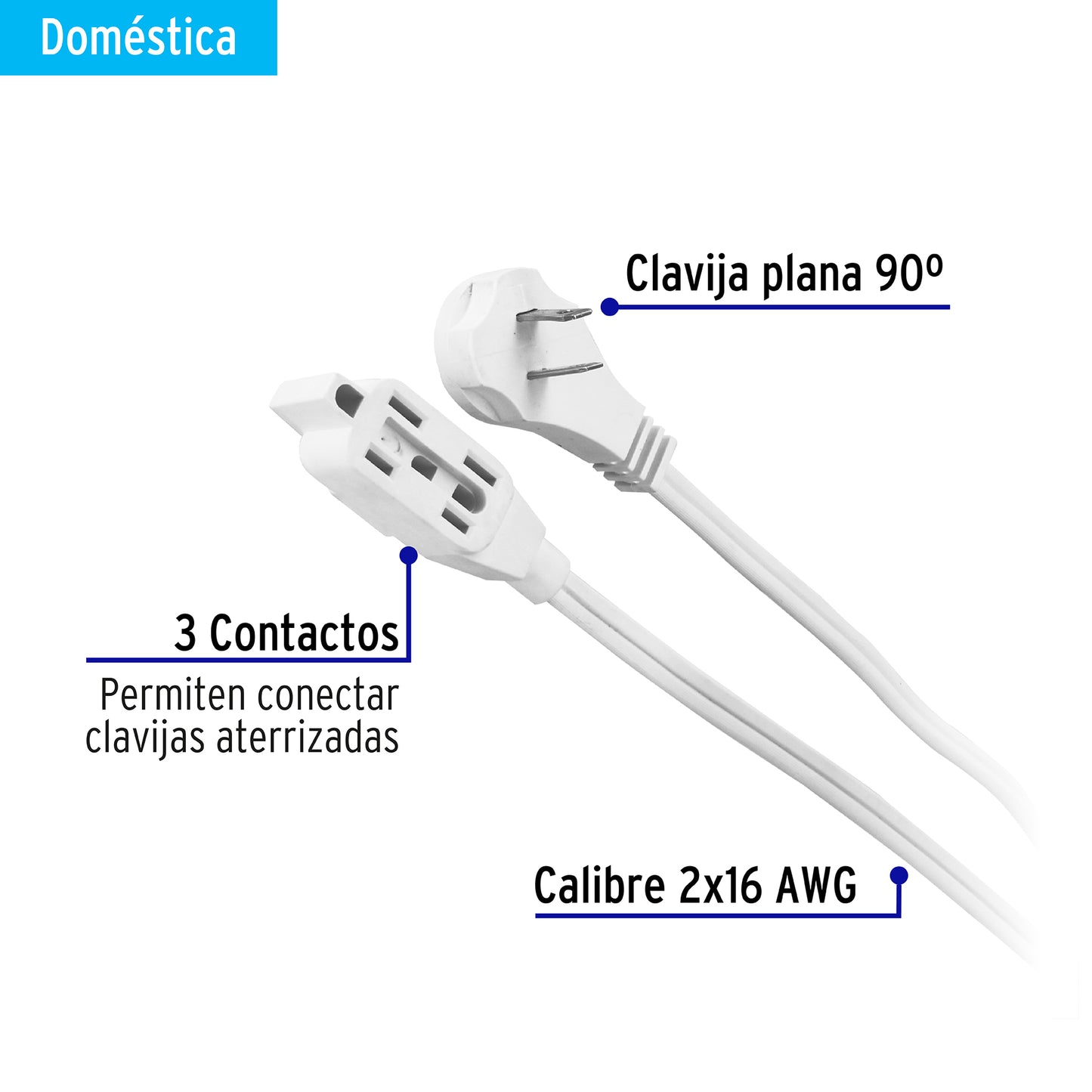 Extensión eléctrica doméstica, 2 m, blanca, Volteck