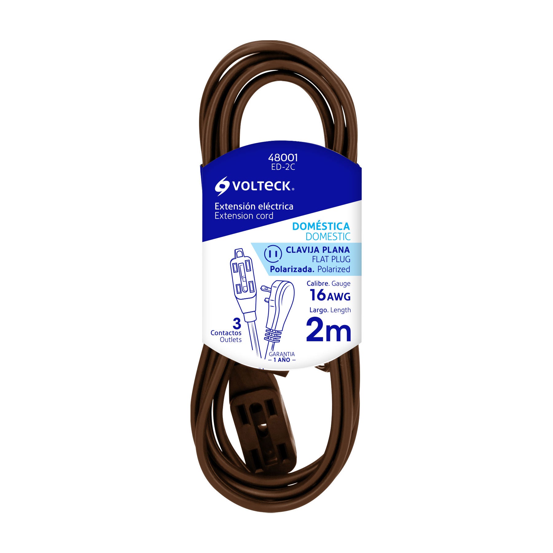 Extensión eléctrica doméstica, 2 m, café, Volteck