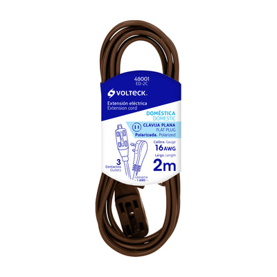 Extensión eléctrica doméstica, 2 m, café, Volteck