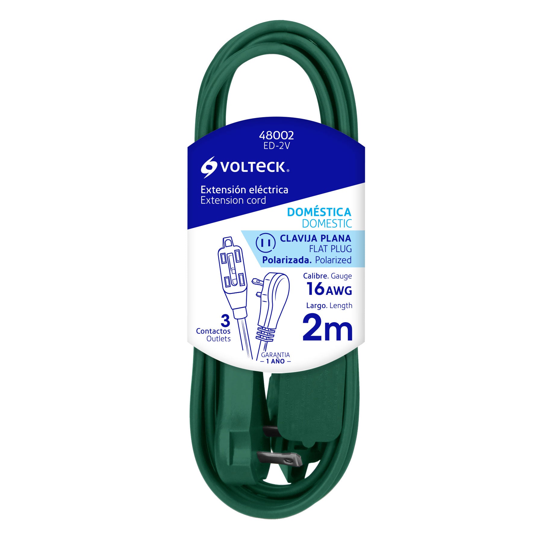 Extensión eléctrica doméstica, 2 m, verde, Volteck