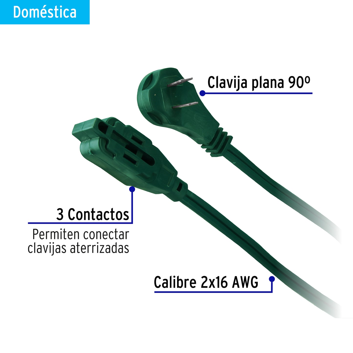 Extensión eléctrica doméstica, 2 m, verde, Volteck