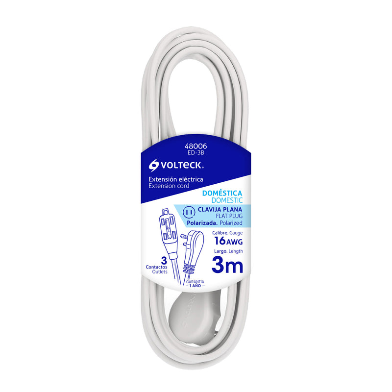 Extensión eléctrica doméstica, 3 m, blanca, Volteck
