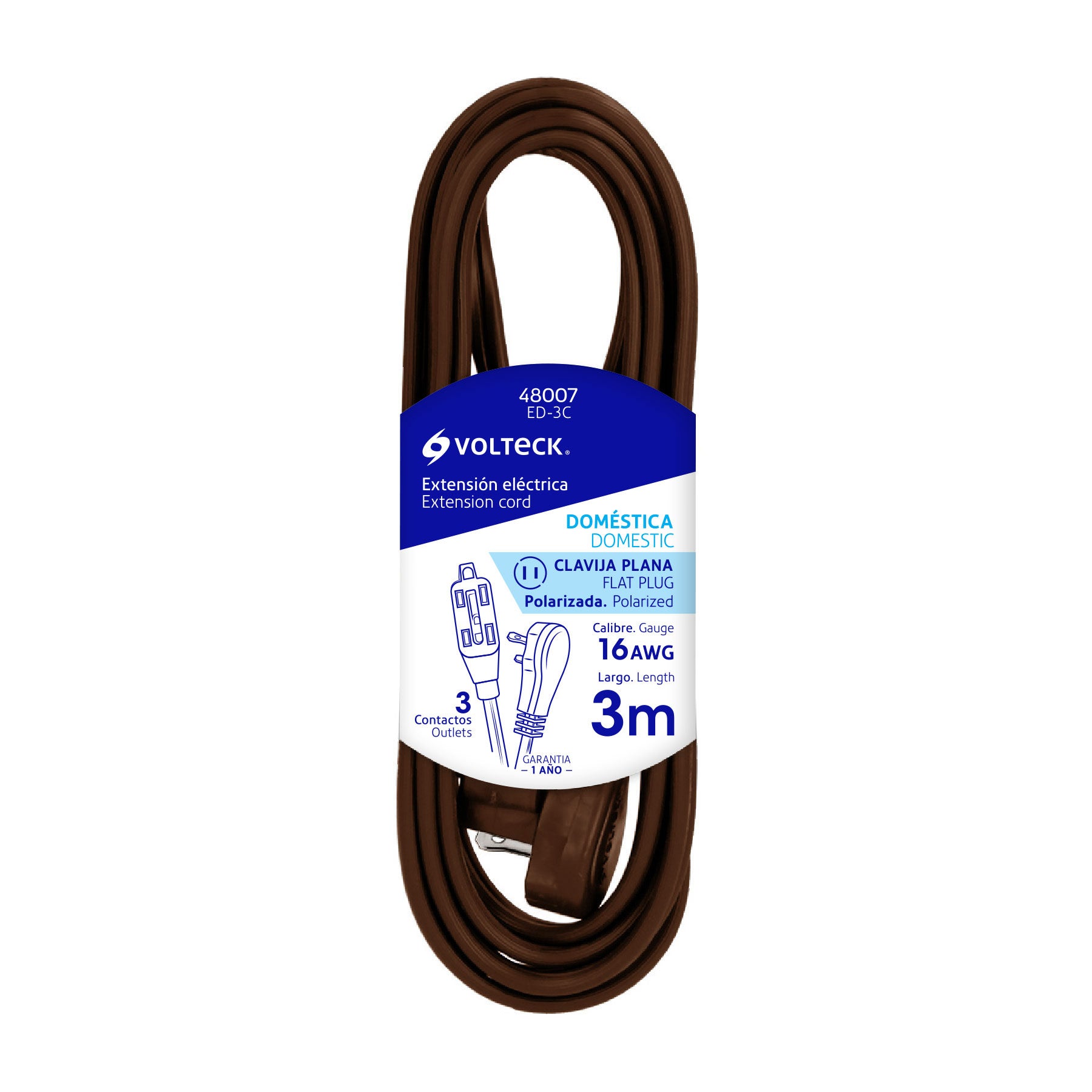 Extensión eléctrica doméstica, 3 m, café, Volteck