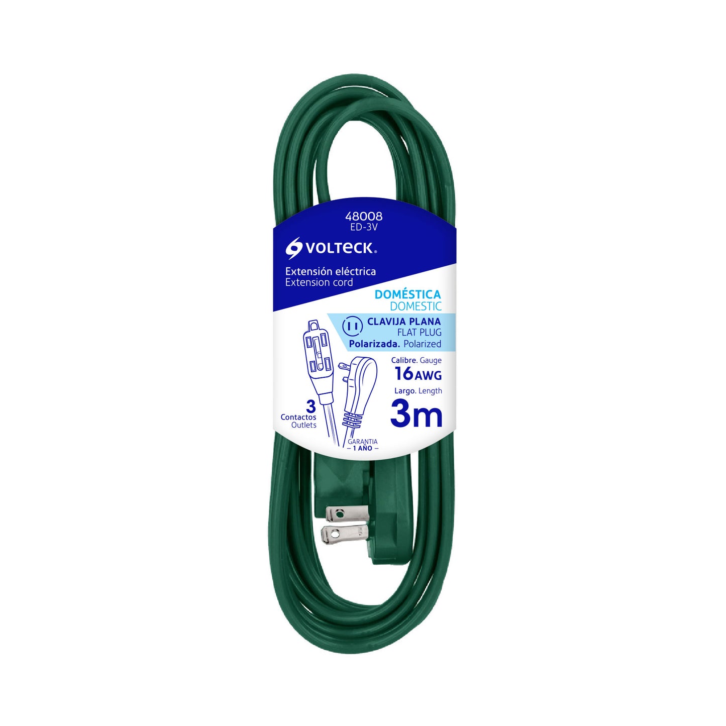 Extensión eléctrica doméstica, 3 m, verde, Volteck