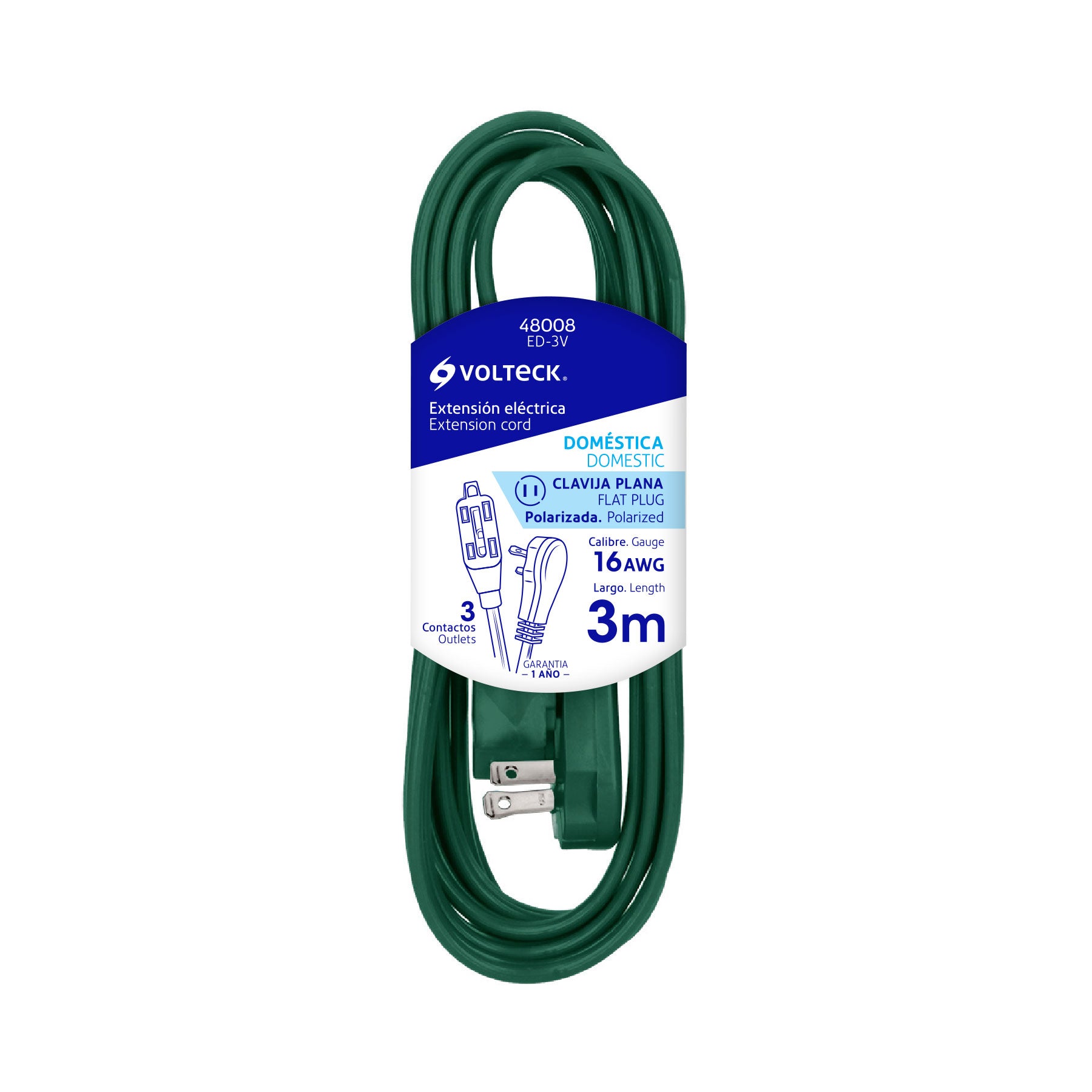 Extensión eléctrica doméstica, 3 m, verde, Volteck