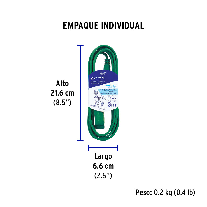 Extensión eléctrica doméstica, 3 m, verde, Volteck