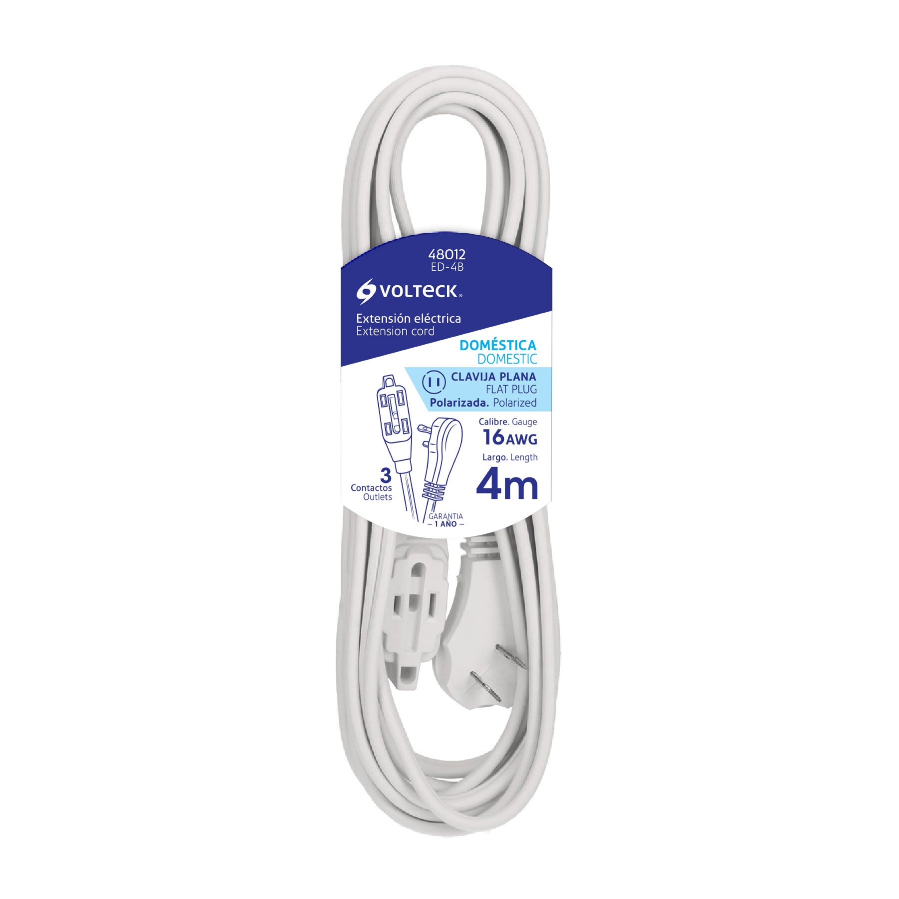 Extensión eléctrica doméstica, 4 m, blanca, Volteck