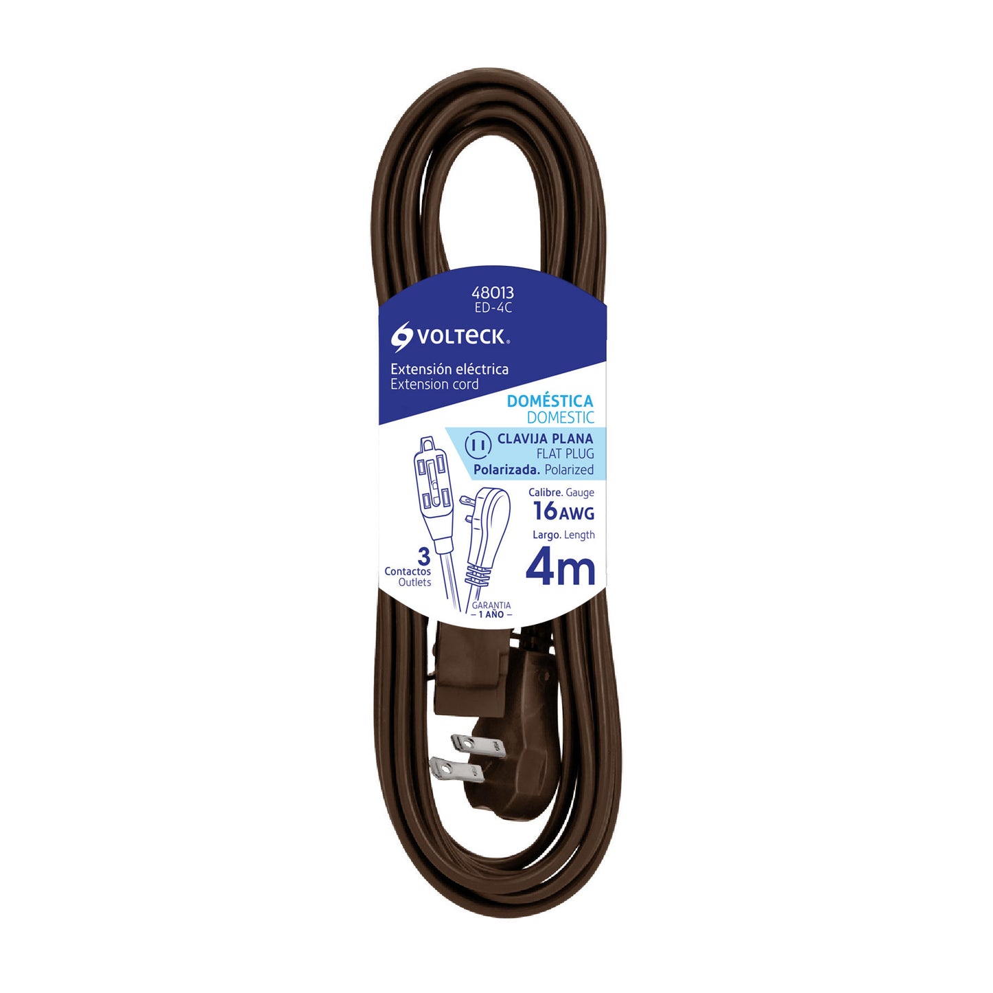 Extensión eléctrica doméstica, 4 m, café, Volteck