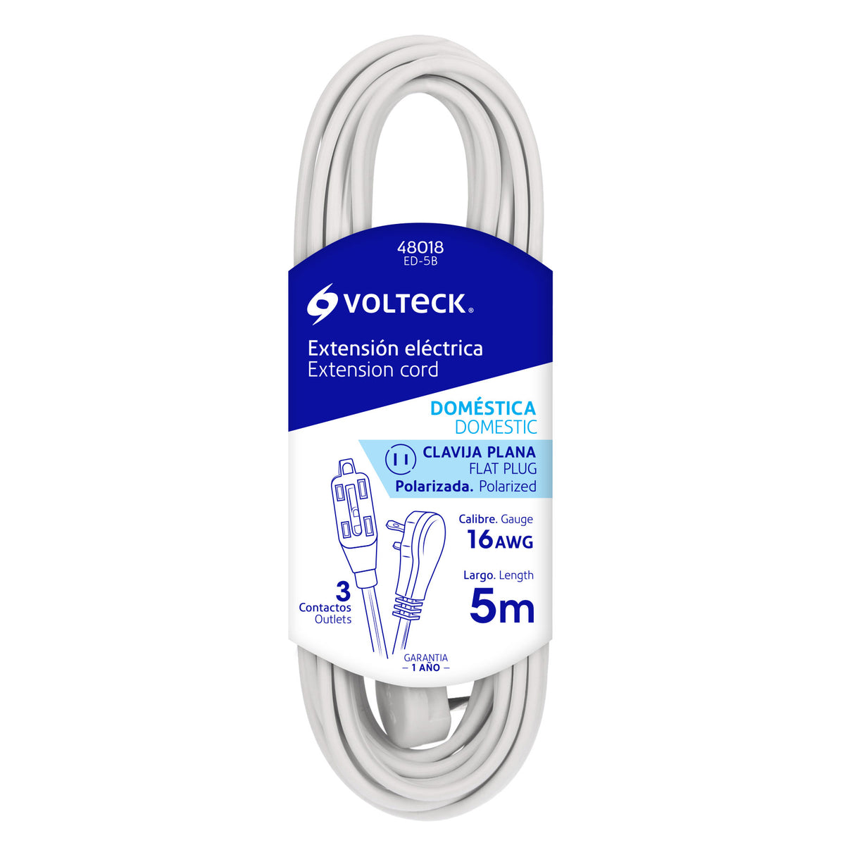 Extensión eléctrica doméstica, 5 m, blanca, Volteck