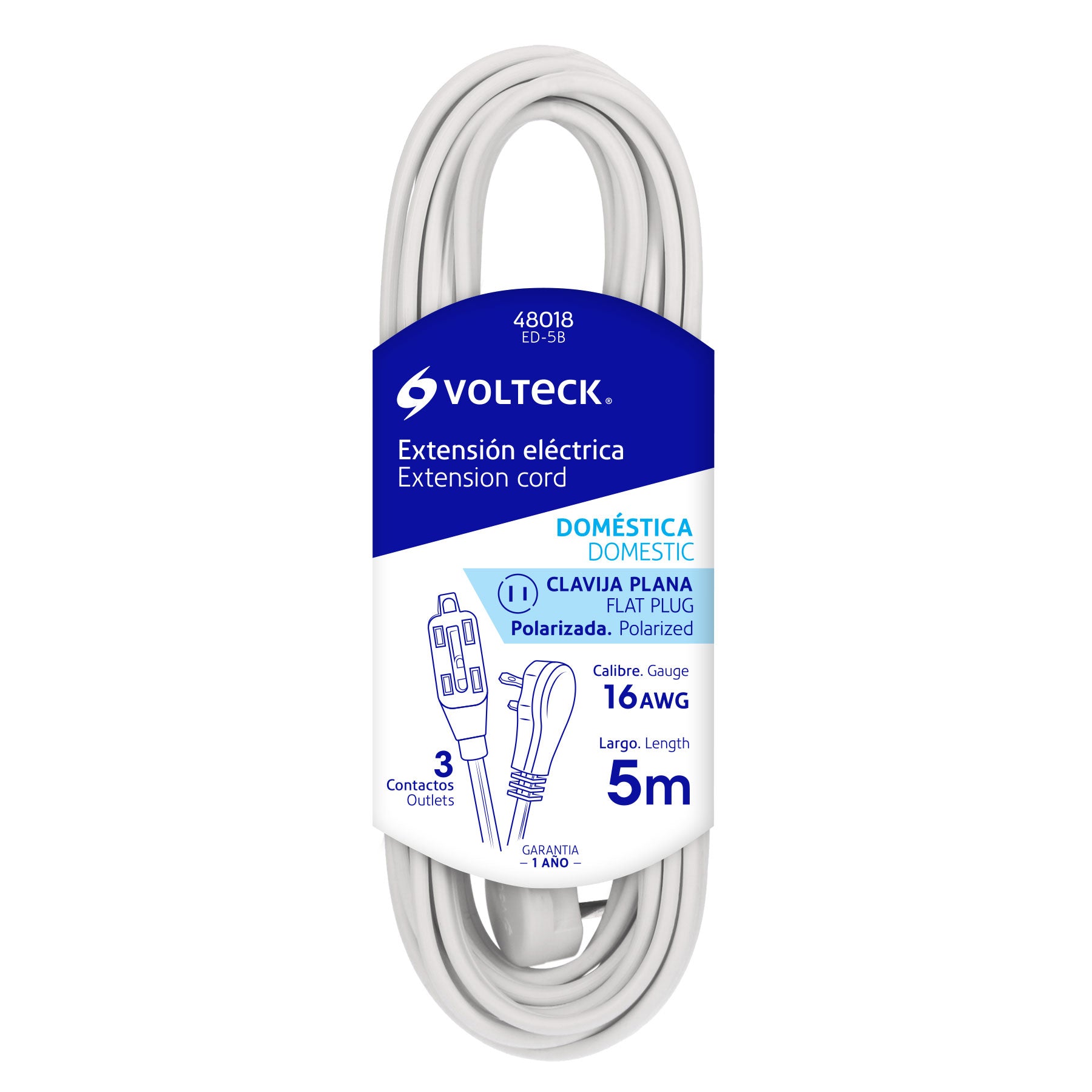 Extensión eléctrica doméstica, 5 m, blanca, Volteck
