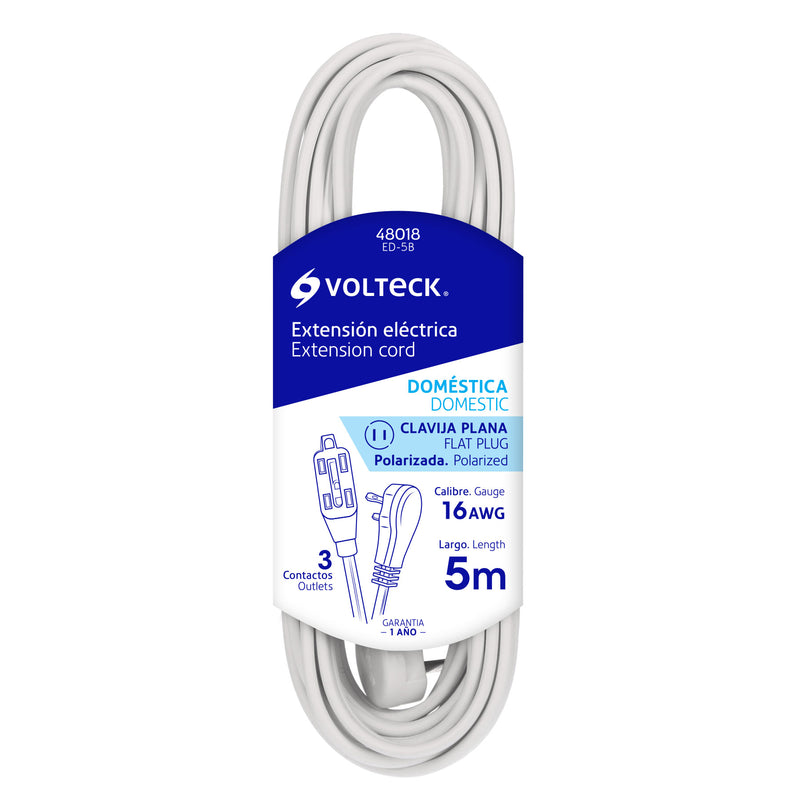 Extensión eléctrica doméstica, 5 m, blanca, Volteck