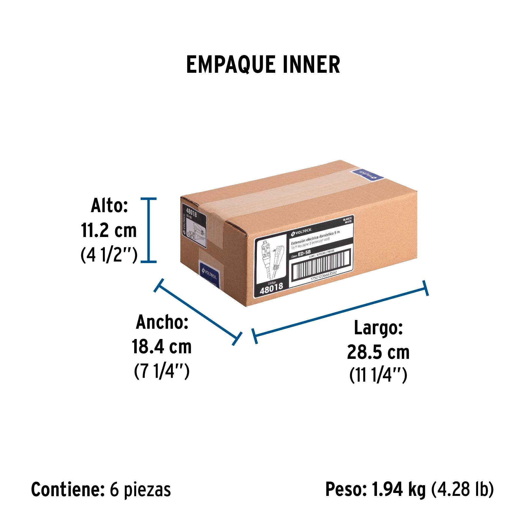 Extensión eléctrica doméstica, 5 m, blanca, Volteck