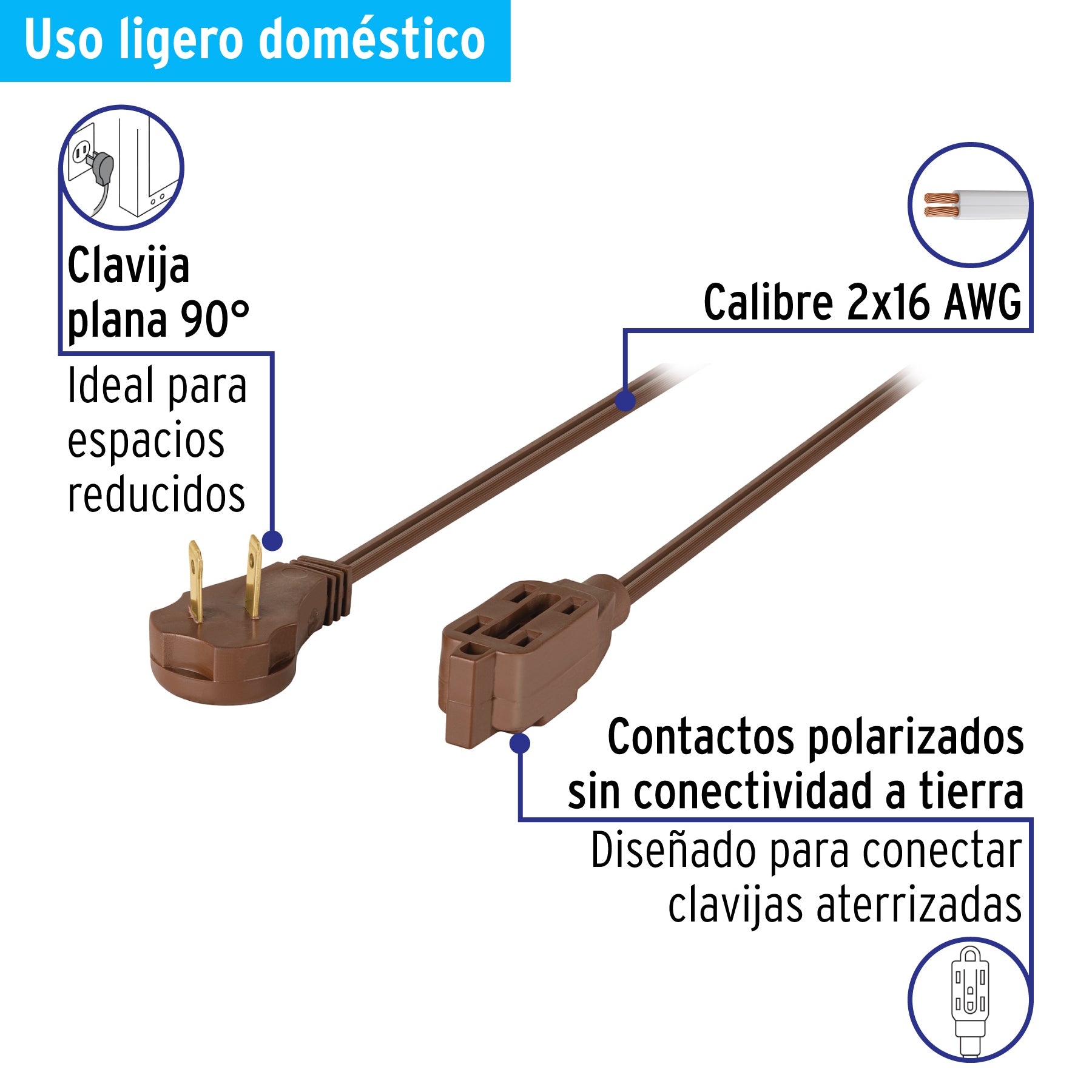 Extensión eléctrica doméstica, 5 m, café, Volteck