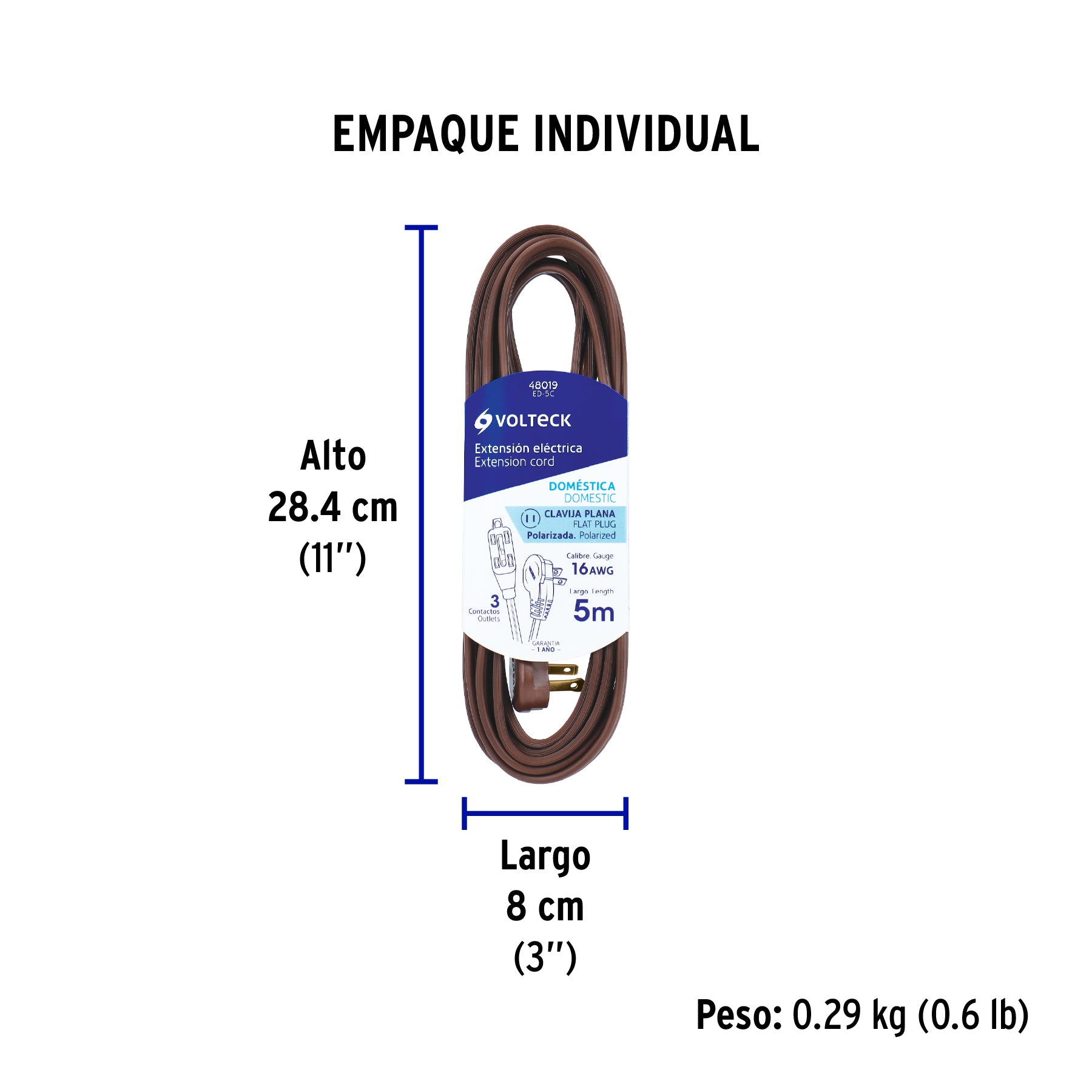 Extensión eléctrica doméstica, 5 m, café, Volteck