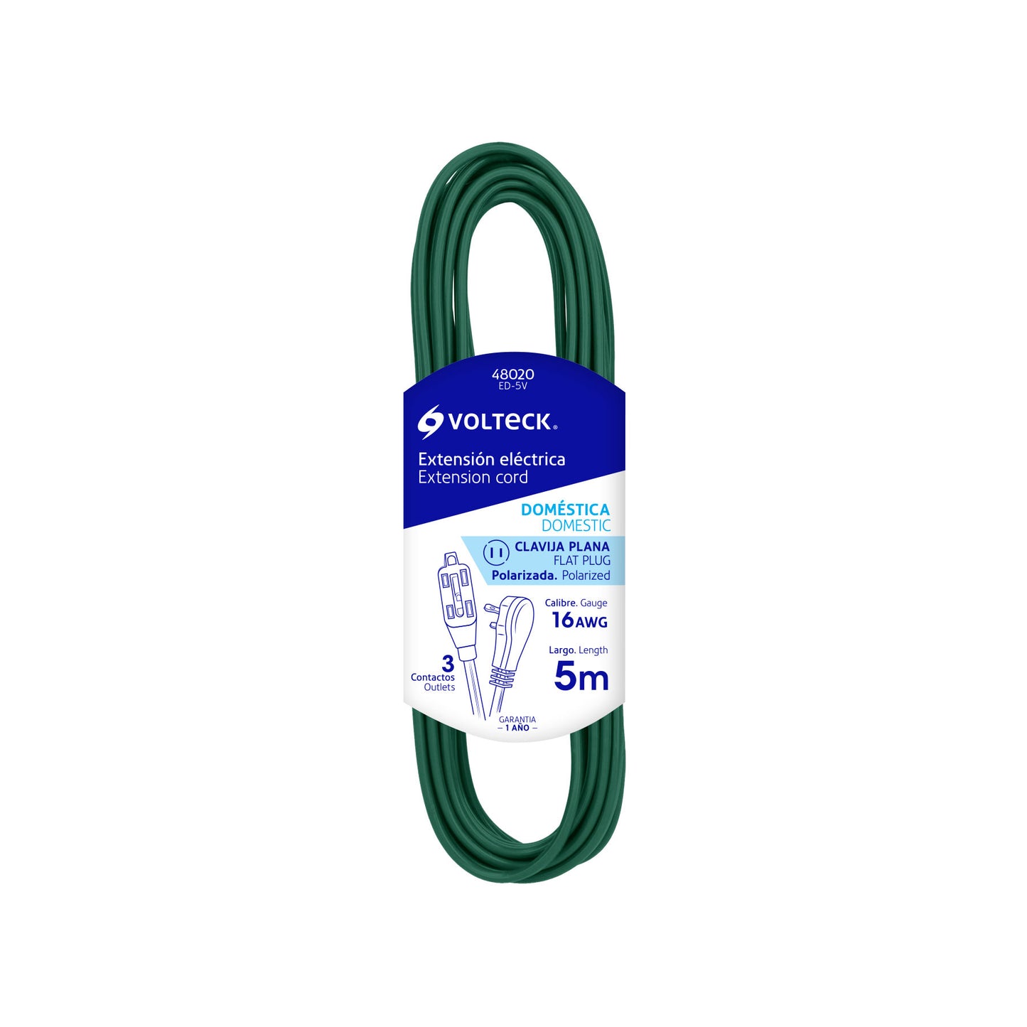 Extensión eléctrica doméstica, 5 m, verde, Volteck