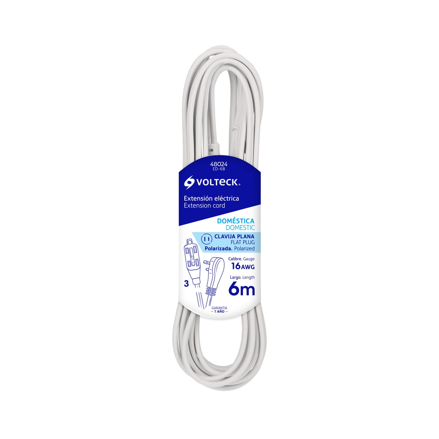 Extensión eléctrica doméstica, 6 m, blanca, Volteck