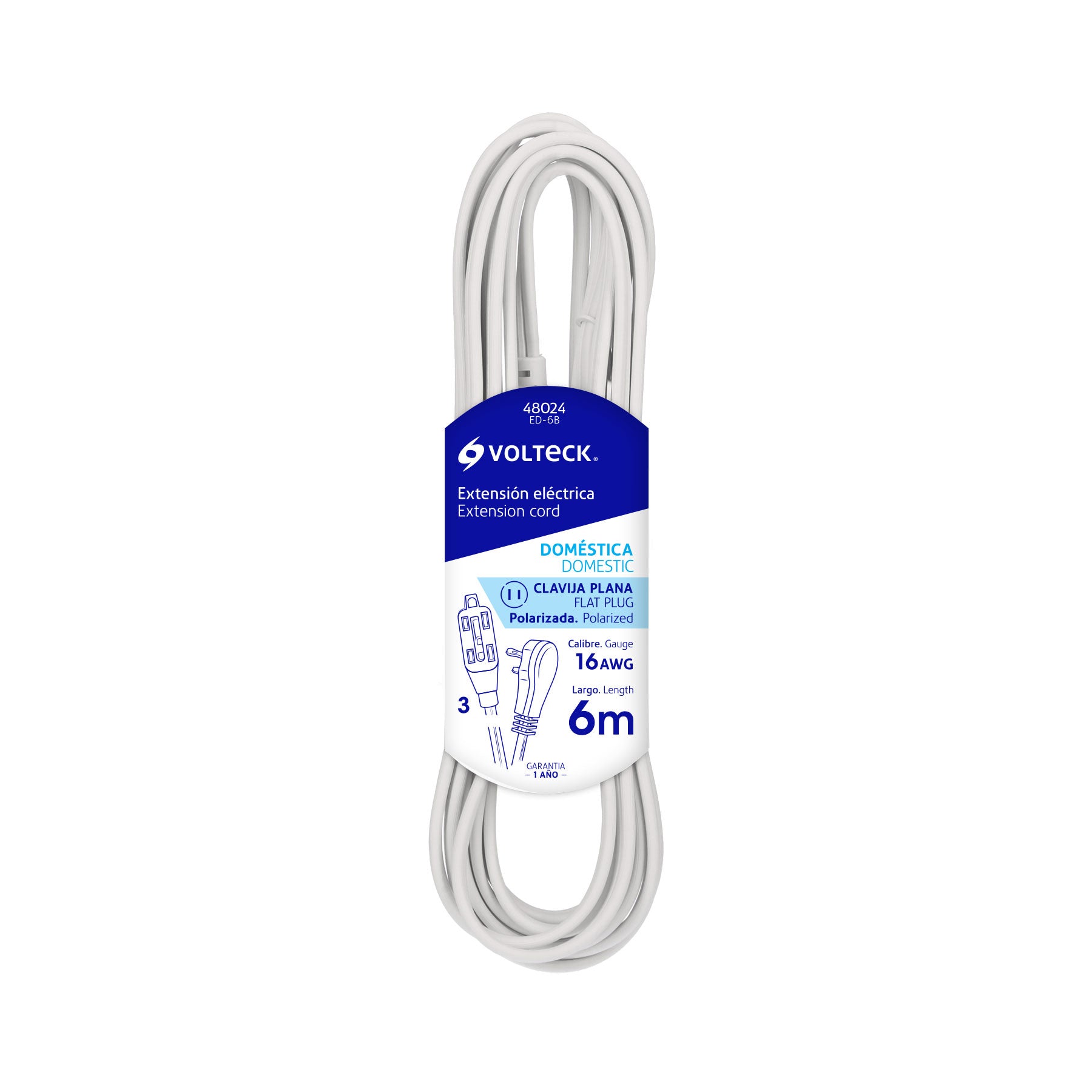 Extensión eléctrica doméstica, 6 m, blanca, Volteck