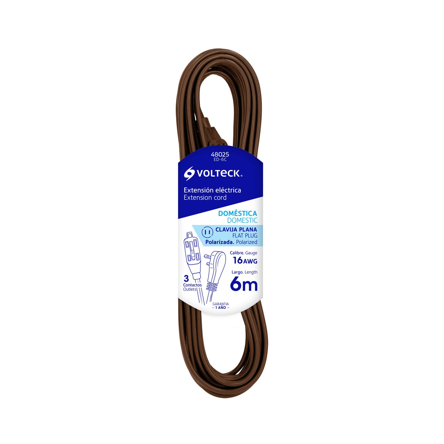 Extensión eléctrica doméstica, 6 m, café, Volteck