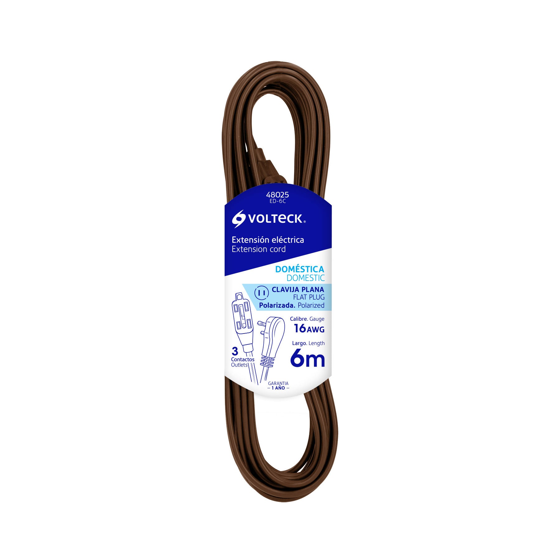 Extensión eléctrica doméstica, 6 m, café, Volteck