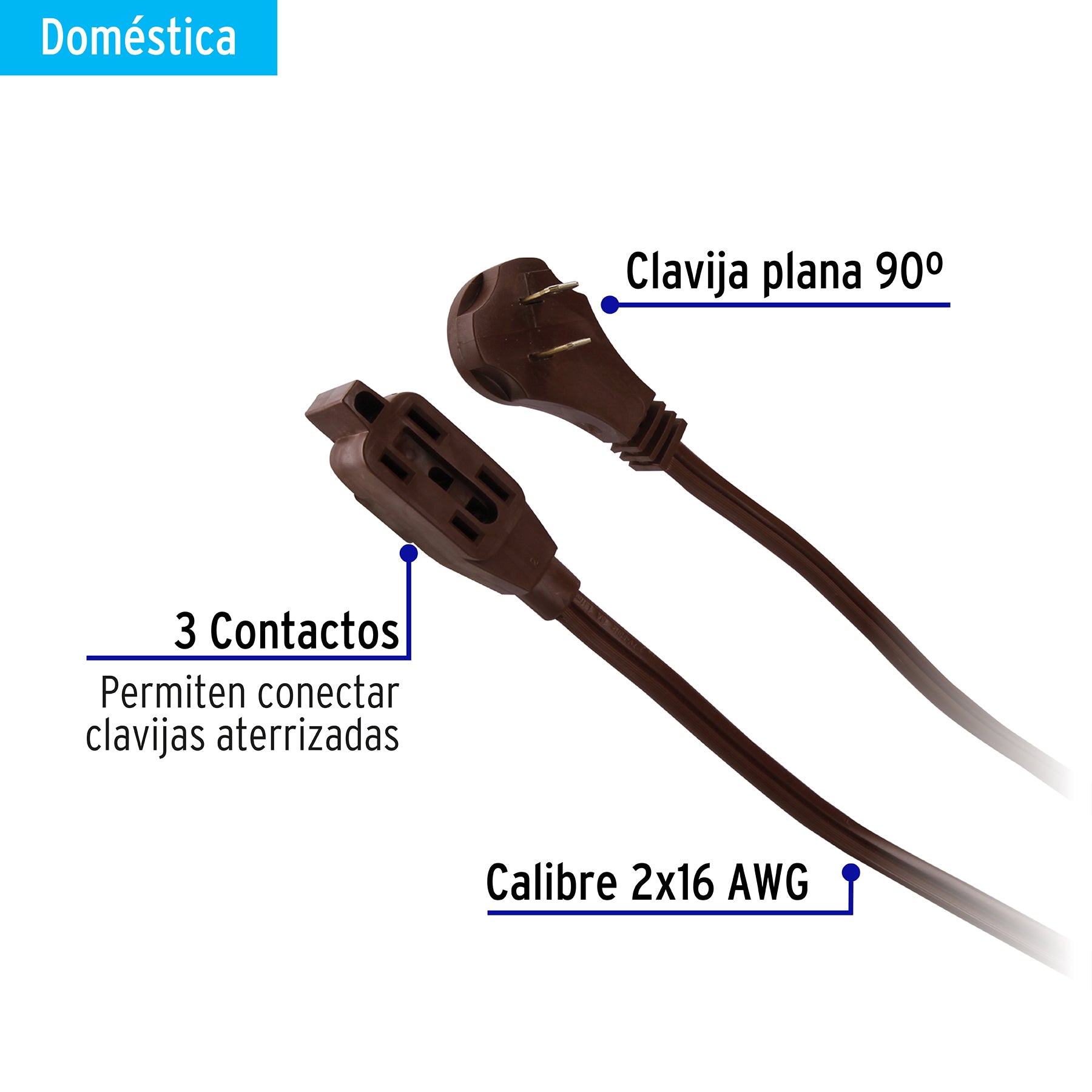 Extensión eléctrica doméstica, 6 m, café, Volteck